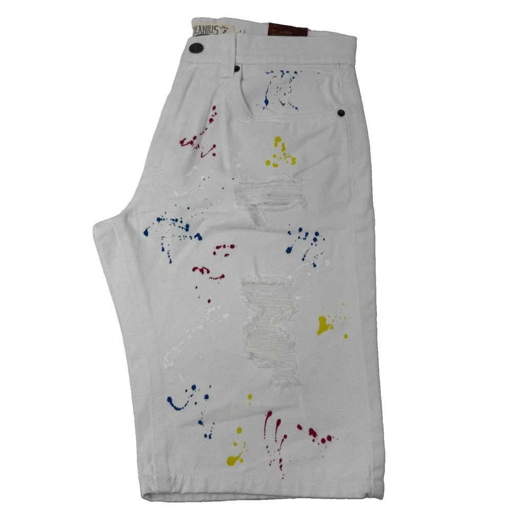 NWT Size 30 Men's Jeanius Akademiks Shorts White Denim Paint Splattered